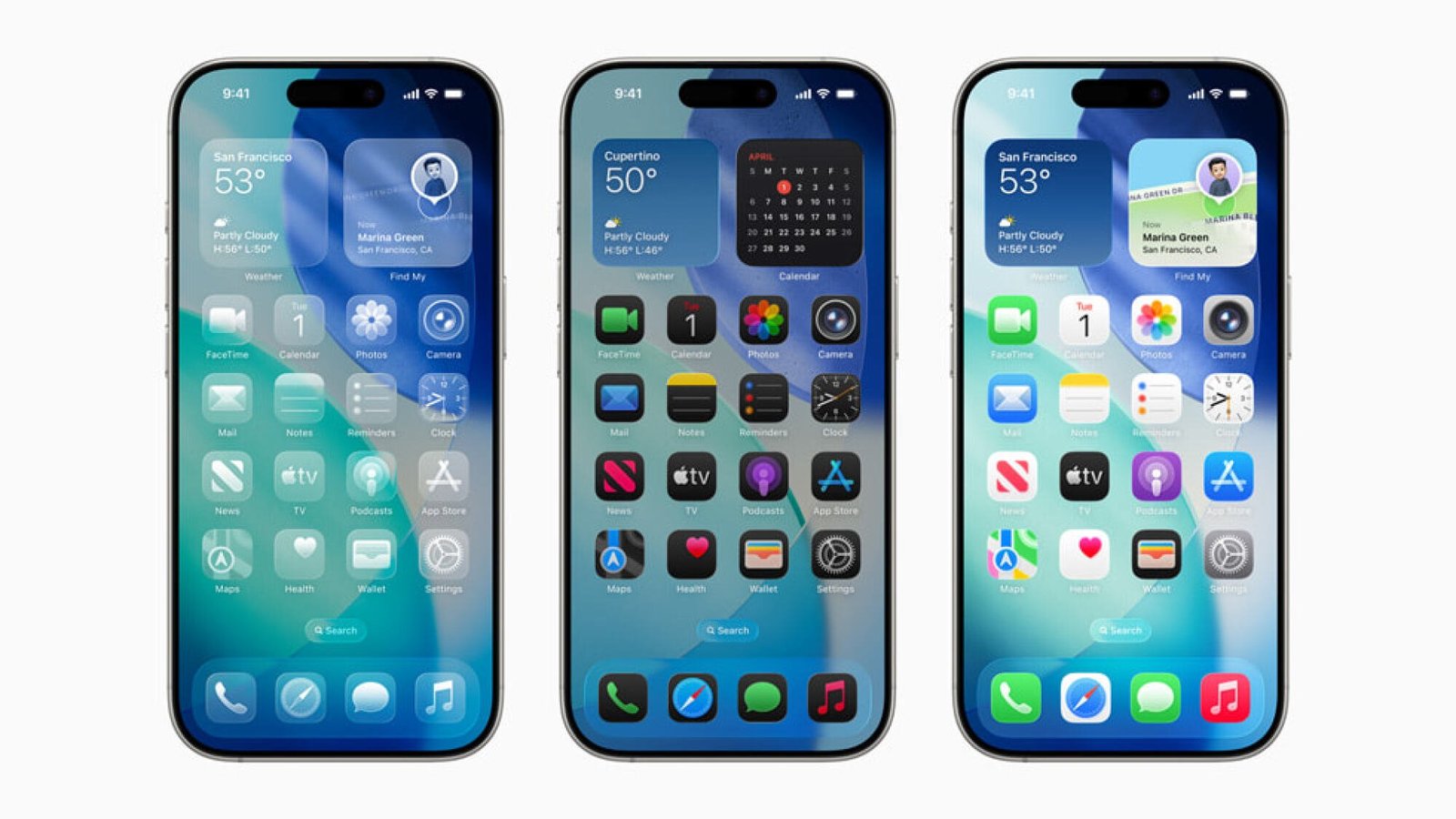 row of iphones with liquid glass display